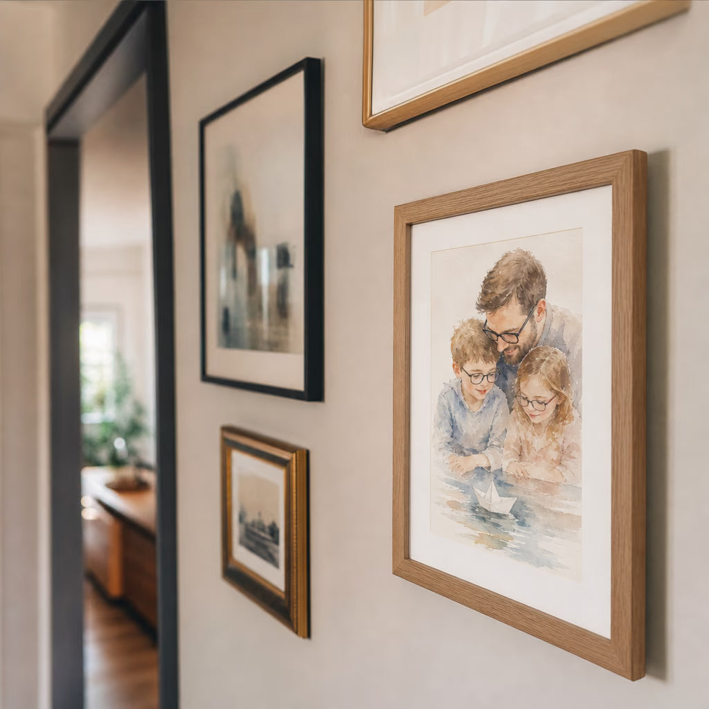 Akvarelinis tėvo su vaikais portretas galerijos sienoje