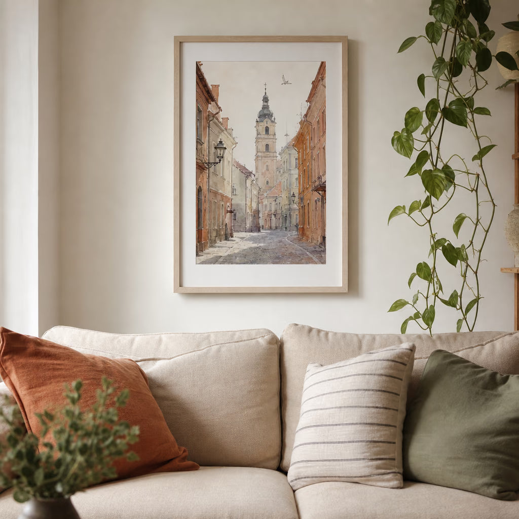 Personalizuotas vietų akvarelinis paveikslas rėmelyje interjere 2