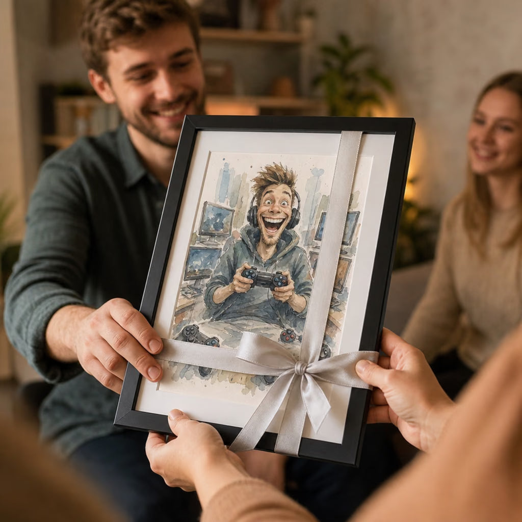 Personalizuota akvarelinė karikatūra rėmelyje interjere 4