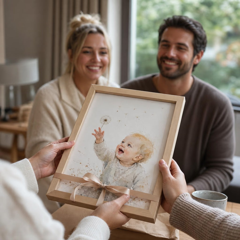 Personalizuotas kūdikio akvarelinis portretas rėmelyje interjere 4